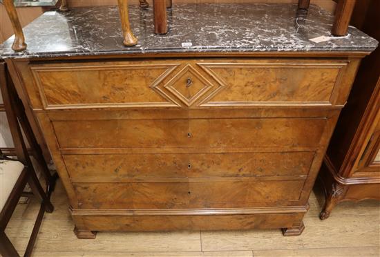 A 19th century French marble top burr wood secretaire commode W.129cm